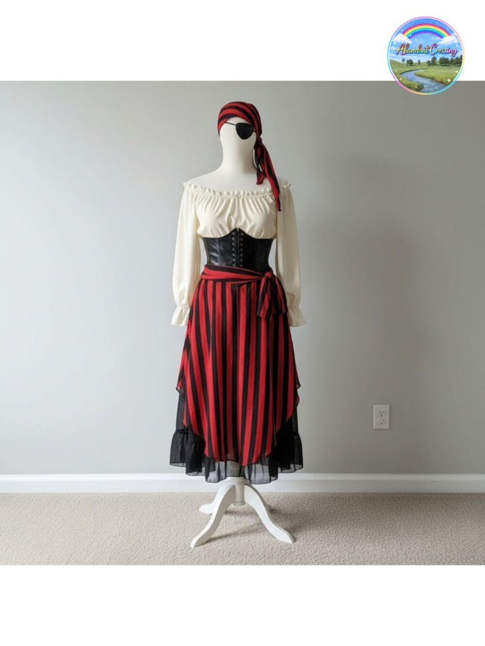 7Pcs Womens Pirate Costume Set Renaissance Top Midi Skirt Corset Belt